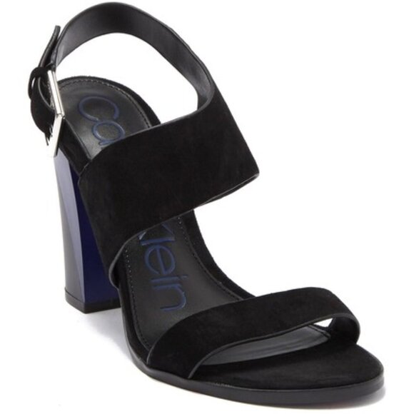 Calvin Klein Womens Black Suede Leather Block Heeled Open Toe Sandals Sz 8.5 New - Picture 2 of 12